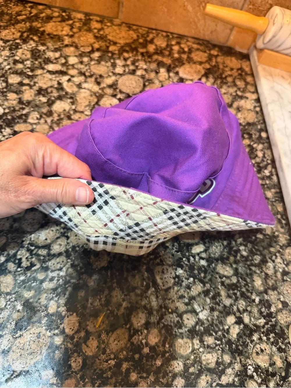ACU reversible Purple Bucket Hat with Mascot Logo and patterned on other side